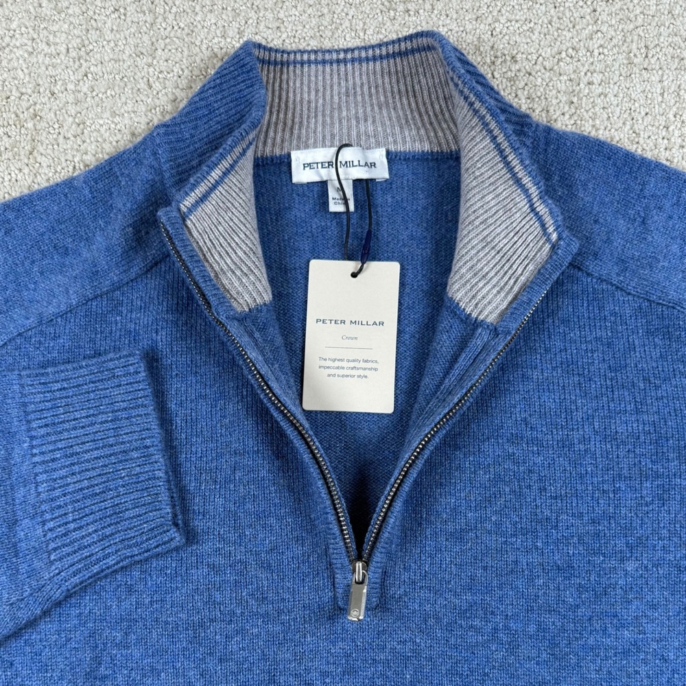 NEW Peter Millar Mens Medium Blue Wool Yak Cashmere 1/4 Zip Sweater MF25S05